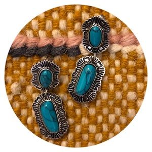 🤍• Vintage Style Turquoise Tooled Earrings • 🤍